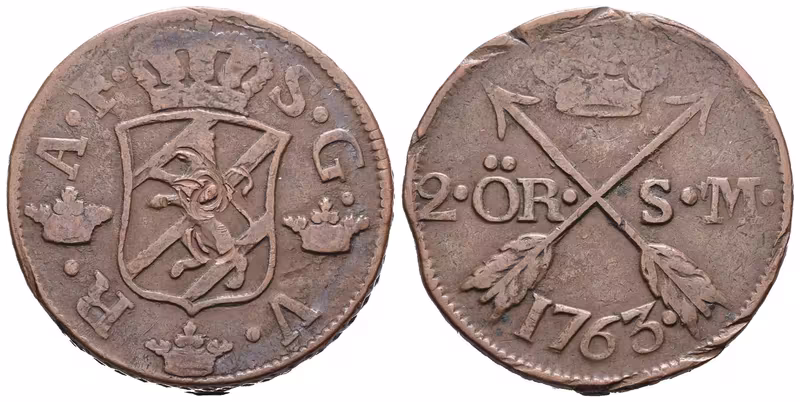 Švédsko, 2 Öre SM 1763