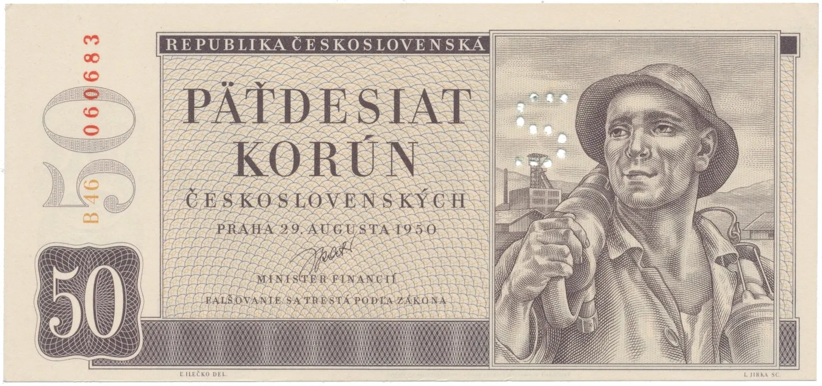 50 Koruna 1950, II. vydání, perforace "S", Hej.88aS3