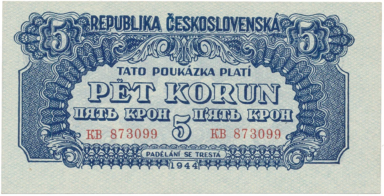 Československo, 5 Koruna 1944, vodorovný podtisk, Hej.57a