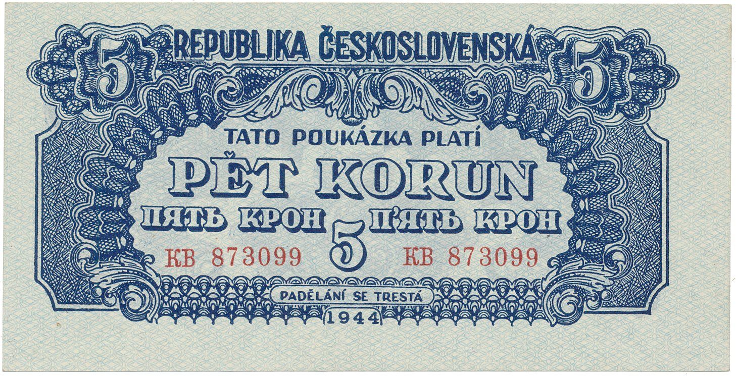 Československo, 5 Koruna 1944, vodorovný podtisk, Hej.57a