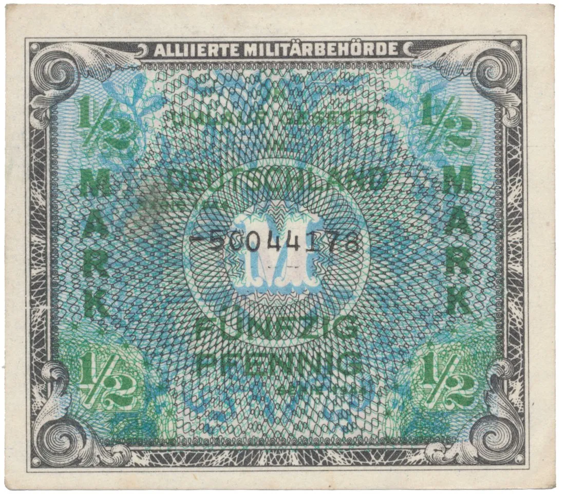 Okupační poukázky Allierte, 1/2 Mark 1944, tisk SSSR, 8-místný číslovač, Hej.AM1c