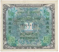 Okupační poukázky Allierte, 1/2 Mark 1944, tisk SSSR, 8-místný číslovač, Hej.AM1c
