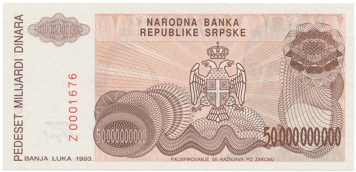 Bosna a Hercegovina, 50 Milijardi Dinara 1993, nevydaná, náhradní série Z, P.157a