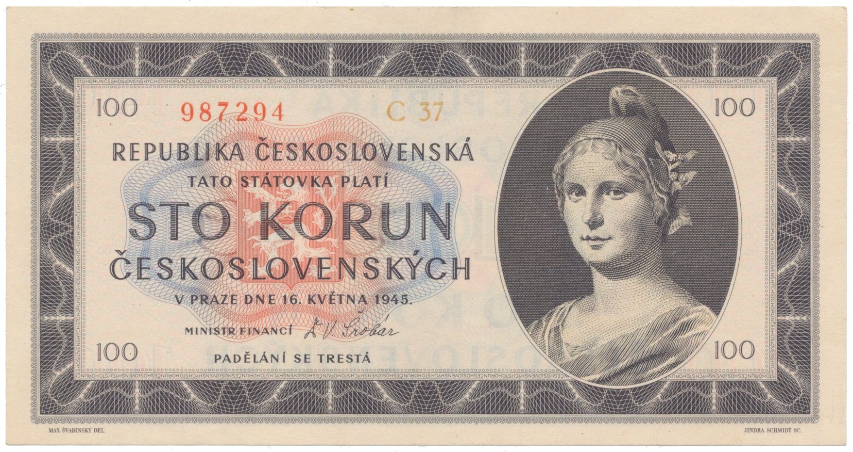 100 Koruna 1945, série C 37, Hej.77b