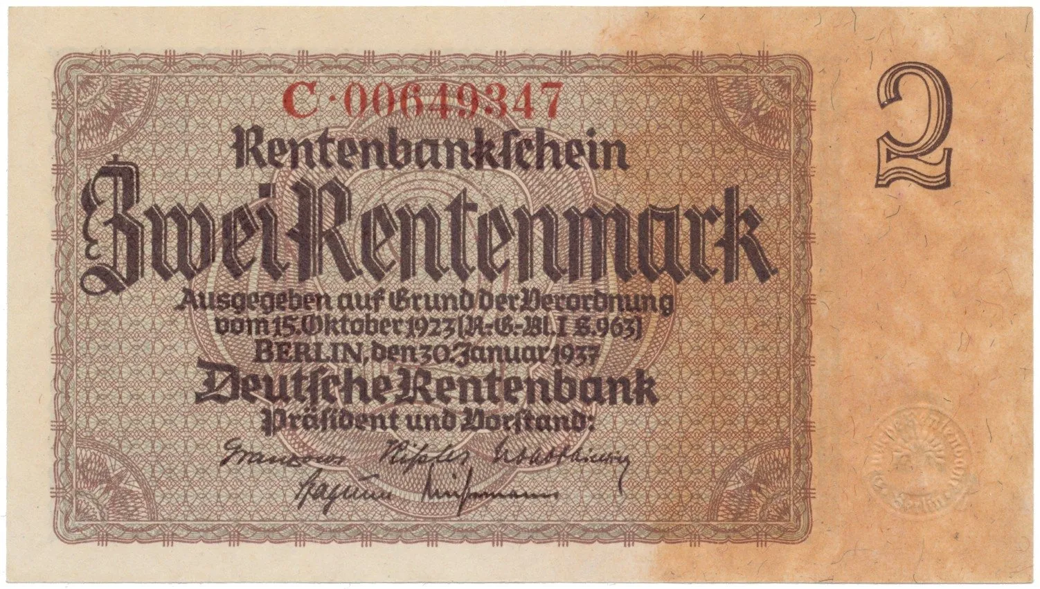 Německo, 2 Rentenmark 1937, firemní číslovač, Hej.D12c