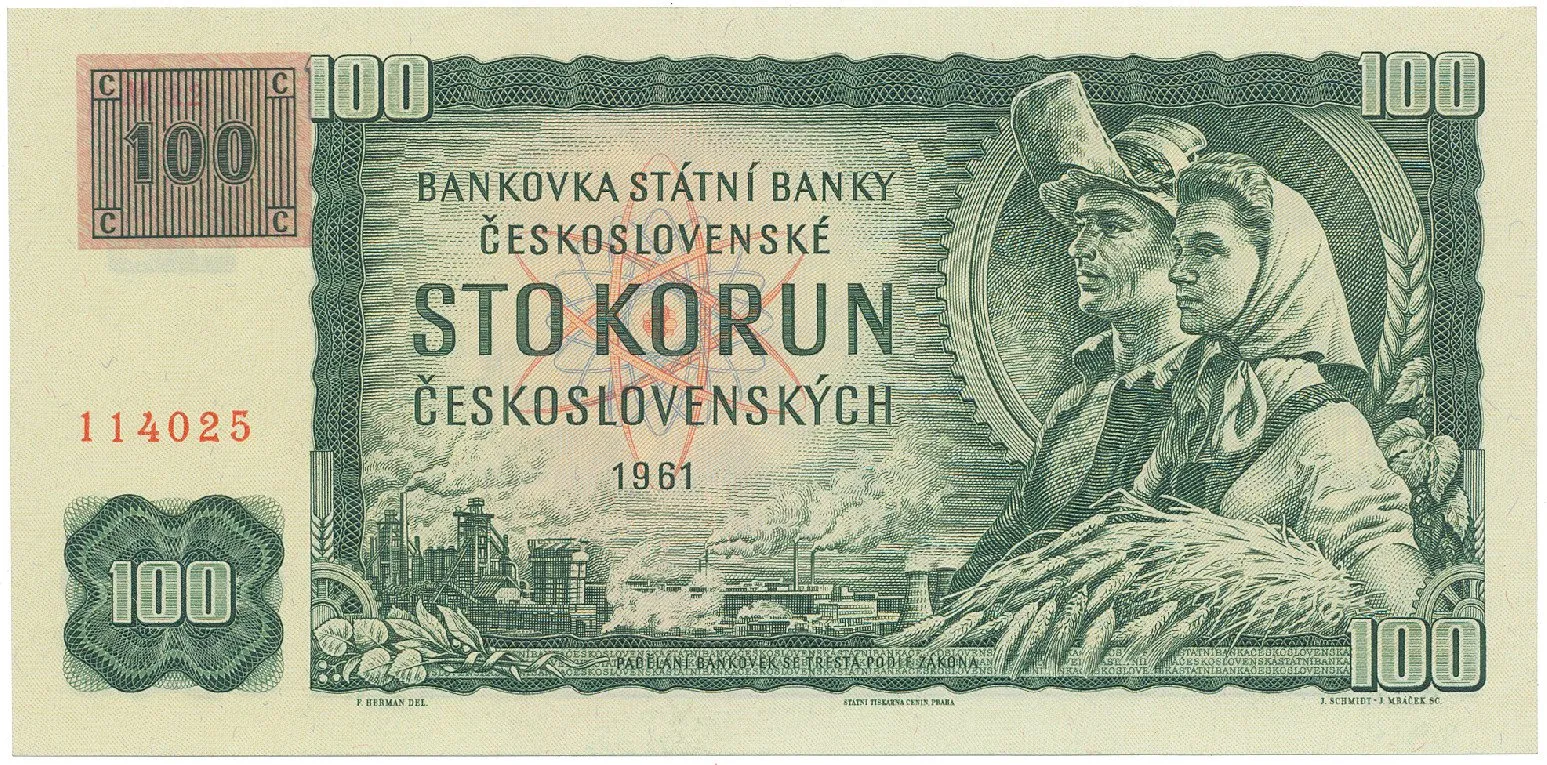 Česká republika, 100 Koruna 1961 + kolek (1993), II. vydání, série M, Hej.CZ4bM