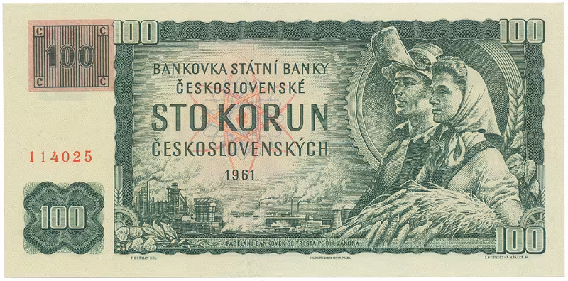 Česká republika, 100 Koruna 1961 + kolek (1993), II. vydání, série M, Hej.CZ4bM
