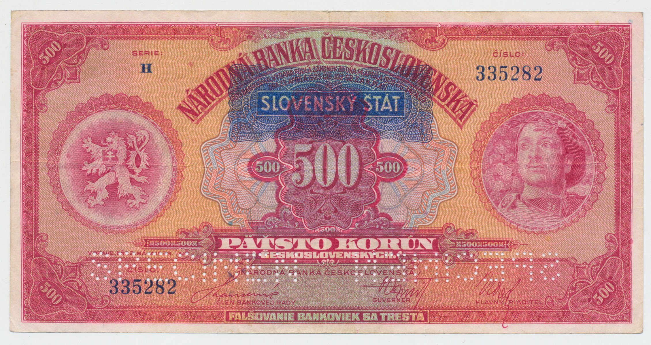 Slovensko, 500 Koruna 1929/1939 + přetisk, perf. 2x SPECIMEN, Hej.46a.S2