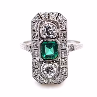 Luxusní prsten s diamanty a smaragdem | Art deco | Československo 1930 | znalecký posudek