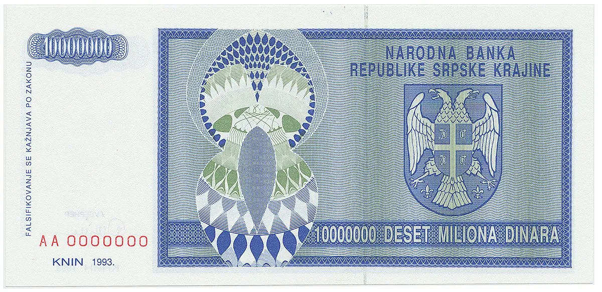 Chorvatsko - Srbská Krajina, 10.000.000 Dinara 1993, anulát, AA 0000000, P.R12