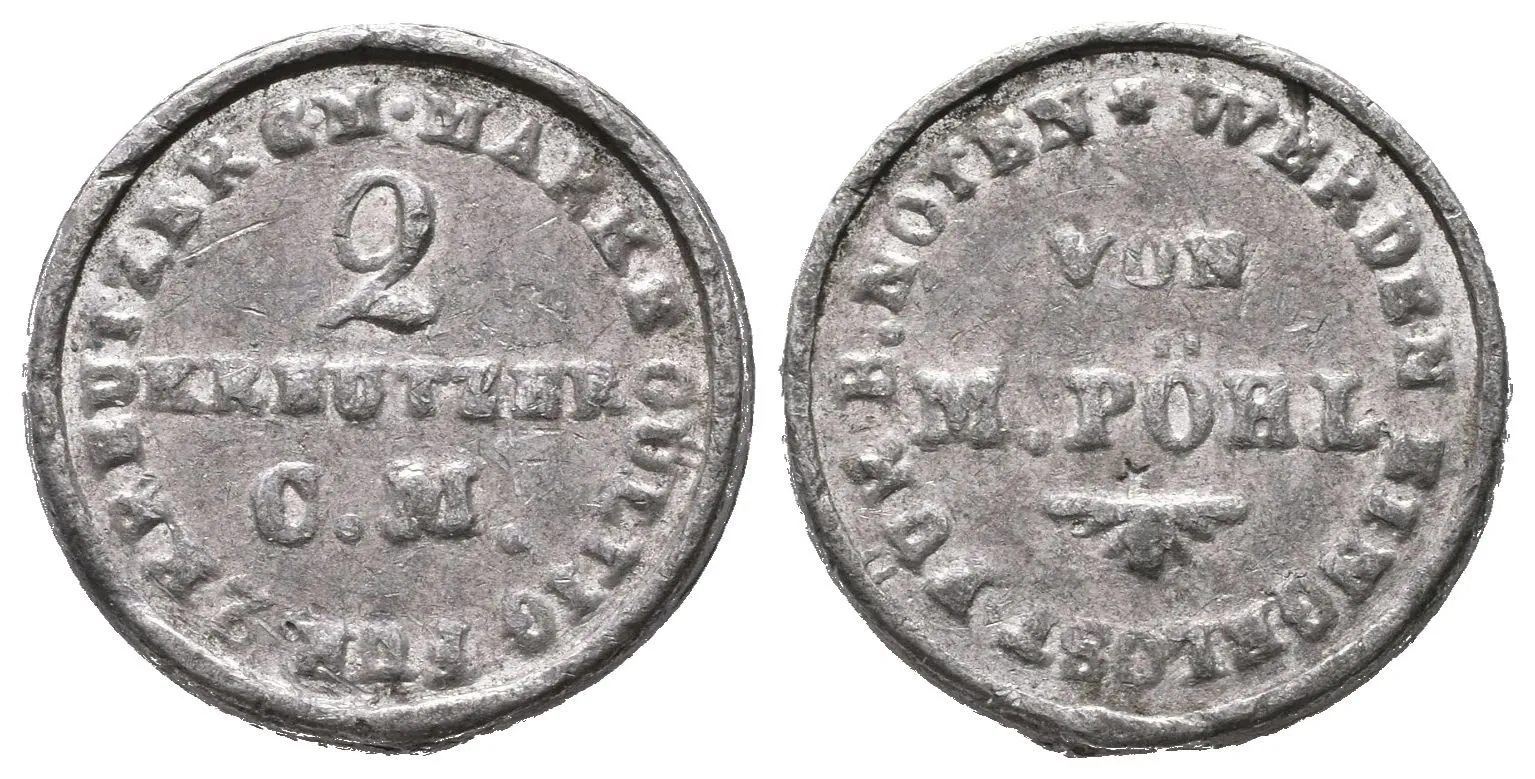 Blíže neurčené - M. Pöhl, známka na 2 Krejcary konvenční měny. Cín/Pb 18 mm — 1
