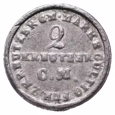 Blíže neurčené - M. Pöhl, známka na 2 Krejcary konvenční měny. Cín/Pb 18 mm