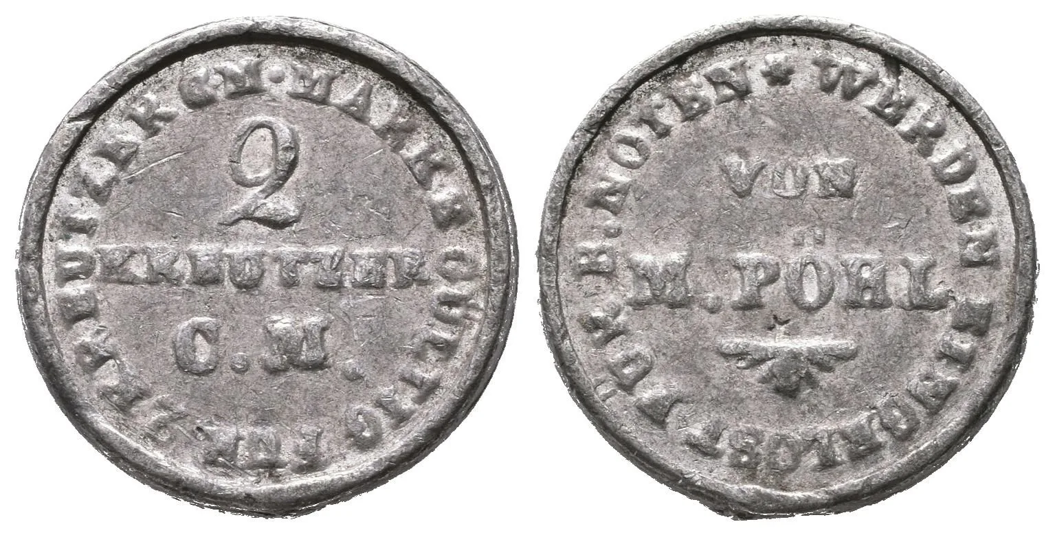Blíže neurčené - M. Pöhl, známka na 2 Krejcary konvenční měny. Cín/Pb 18 mm — 1