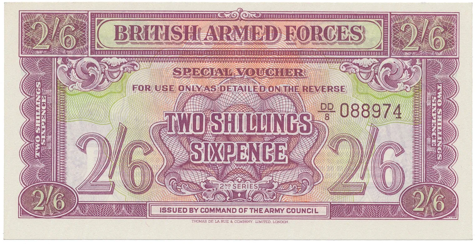 Velká Británie, 2 Shillings 6 Pence (1943), BMA - vojenské vydání, vodotisk, P.M19b