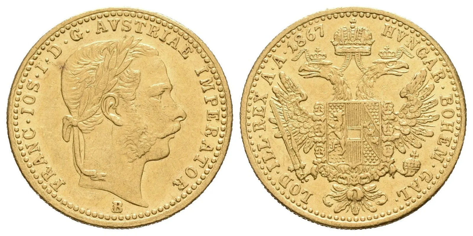 Dukát 1867 B, nep. zbytky lesku, rysky a drobné hranky, lehce čištěn — 1