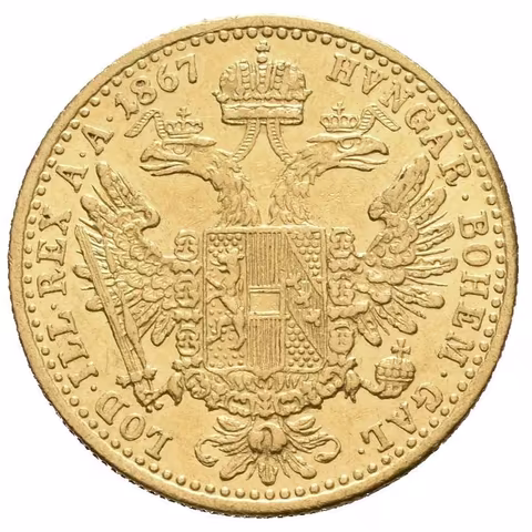 Dukát 1867 B, nep. zbytky lesku, rysky a drobné hranky, lehce čištěn