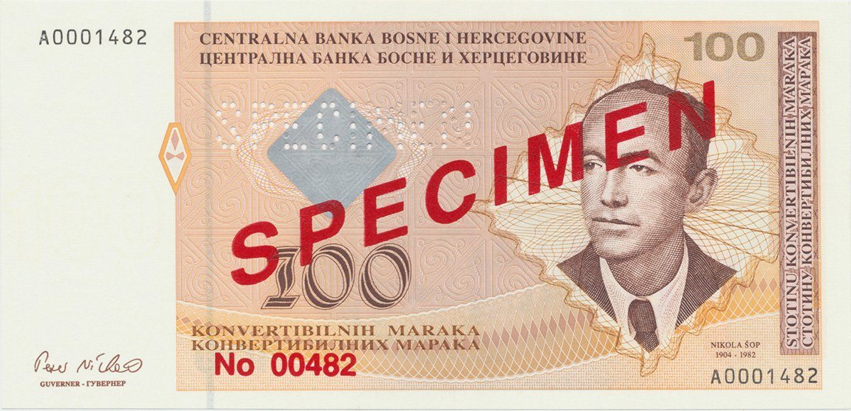 Bosna a Hercegovina, 100 Konvert. Marka (1998), anulát - SPECIMEN, P.69s