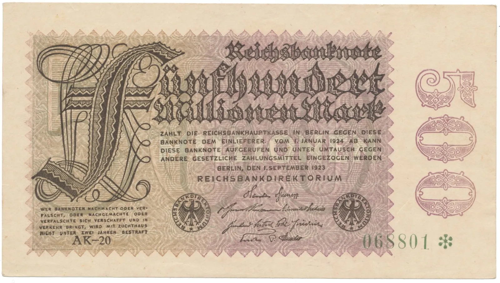 Německo, 500 Millionen Mark 1923, vodoznak Ringe, Ro.109f