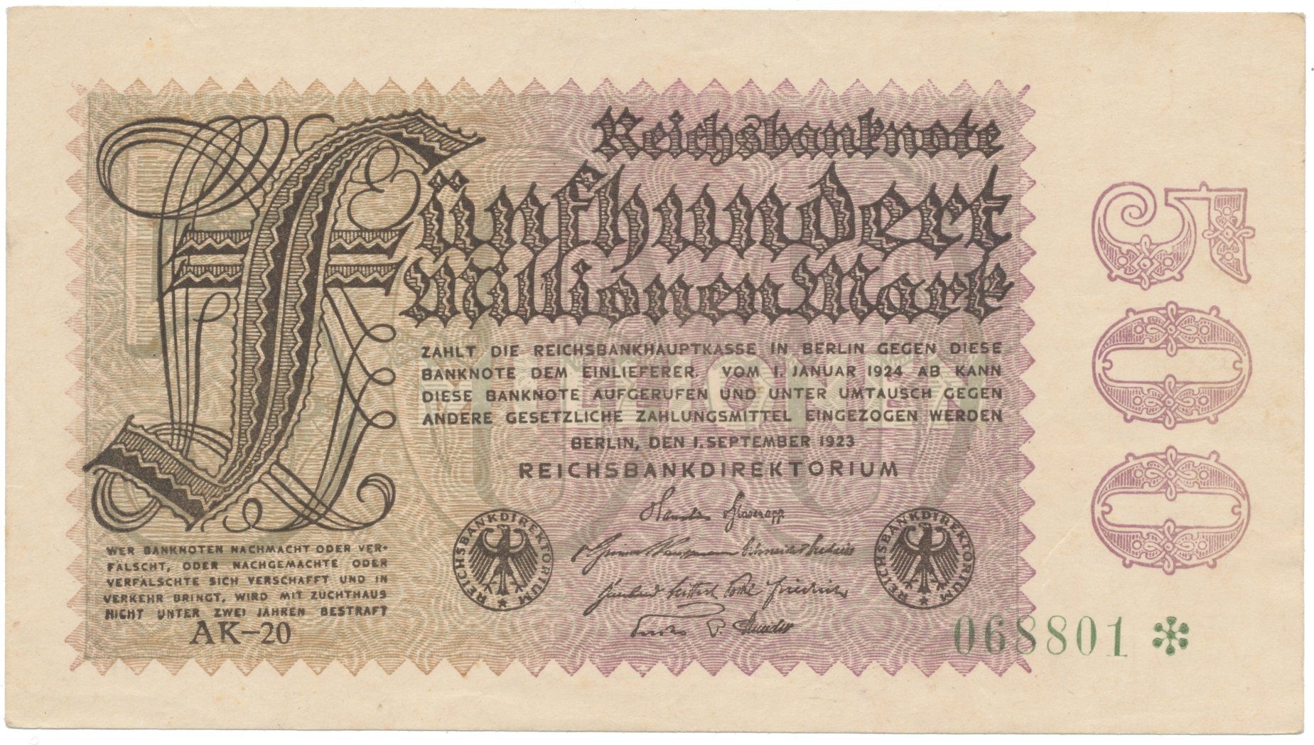 Německo, 500 Millionen Mark 1923, vodoznak Ringe, Ro.109f