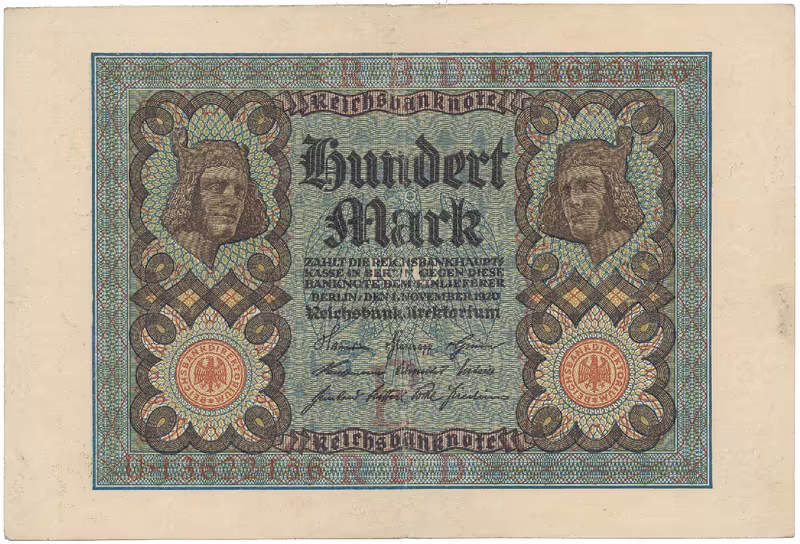 Německo, 100 Mark 1920, 8-místný číslovač, Ro.67b