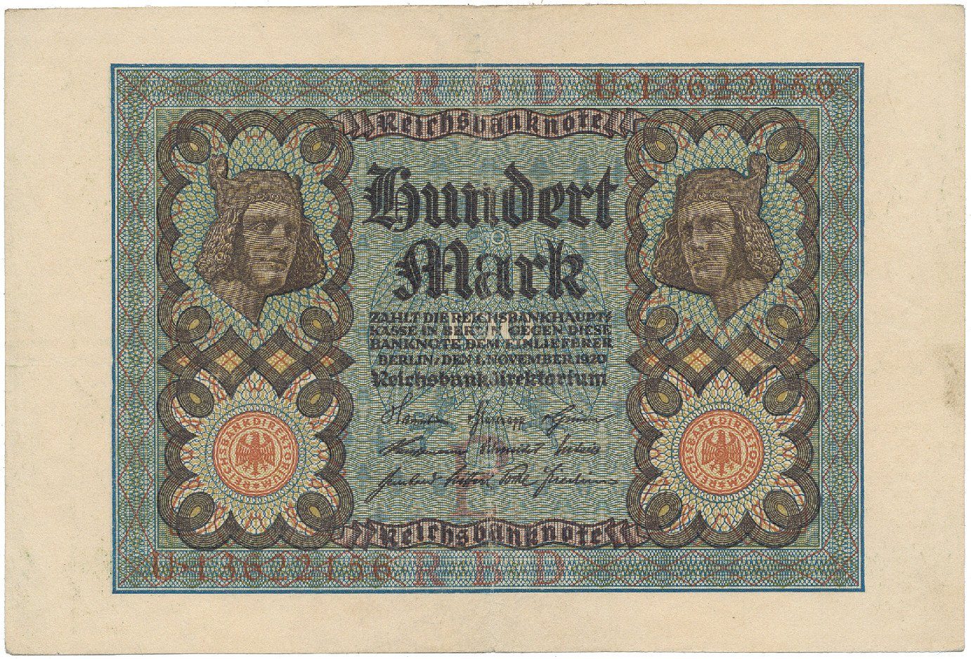 Německo, 100 Mark 1920, 8-místný číslovač, Ro.67b