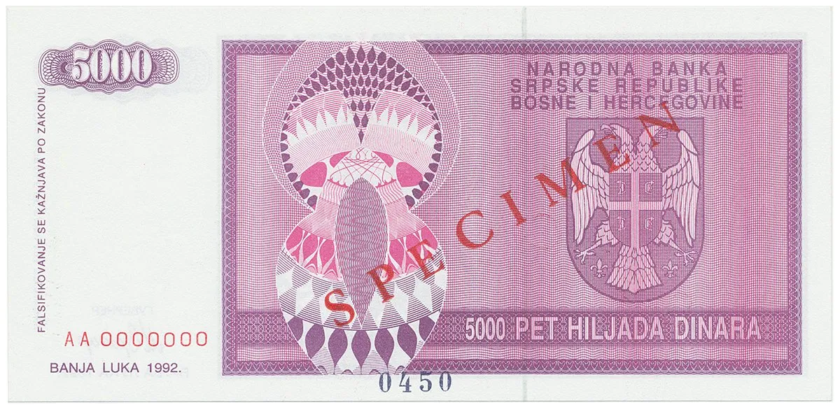 Bosna a Hercegovina, 5000 Dinara 1992, bankovní vzor, AA 0000000, přet. SPECIMEN, P.138s