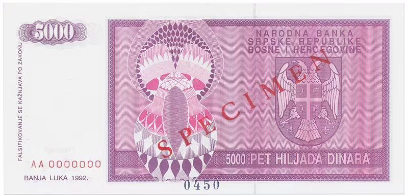 Bosna a Hercegovina, 5000 Dinara 1992, bankovní vzor, AA 0000000, přet. SPECIMEN, P.138s