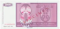 Bosna a Hercegovina, 5000 Dinara 1992, bankovní vzor, AA 0000000, přet. SPECIMEN, P.138s
