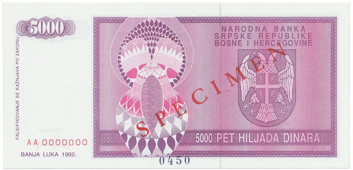 Bosna a Hercegovina, 5000 Dinara 1992, bankovní vzor, AA 0000000, přet. SPECIMEN, P.138s