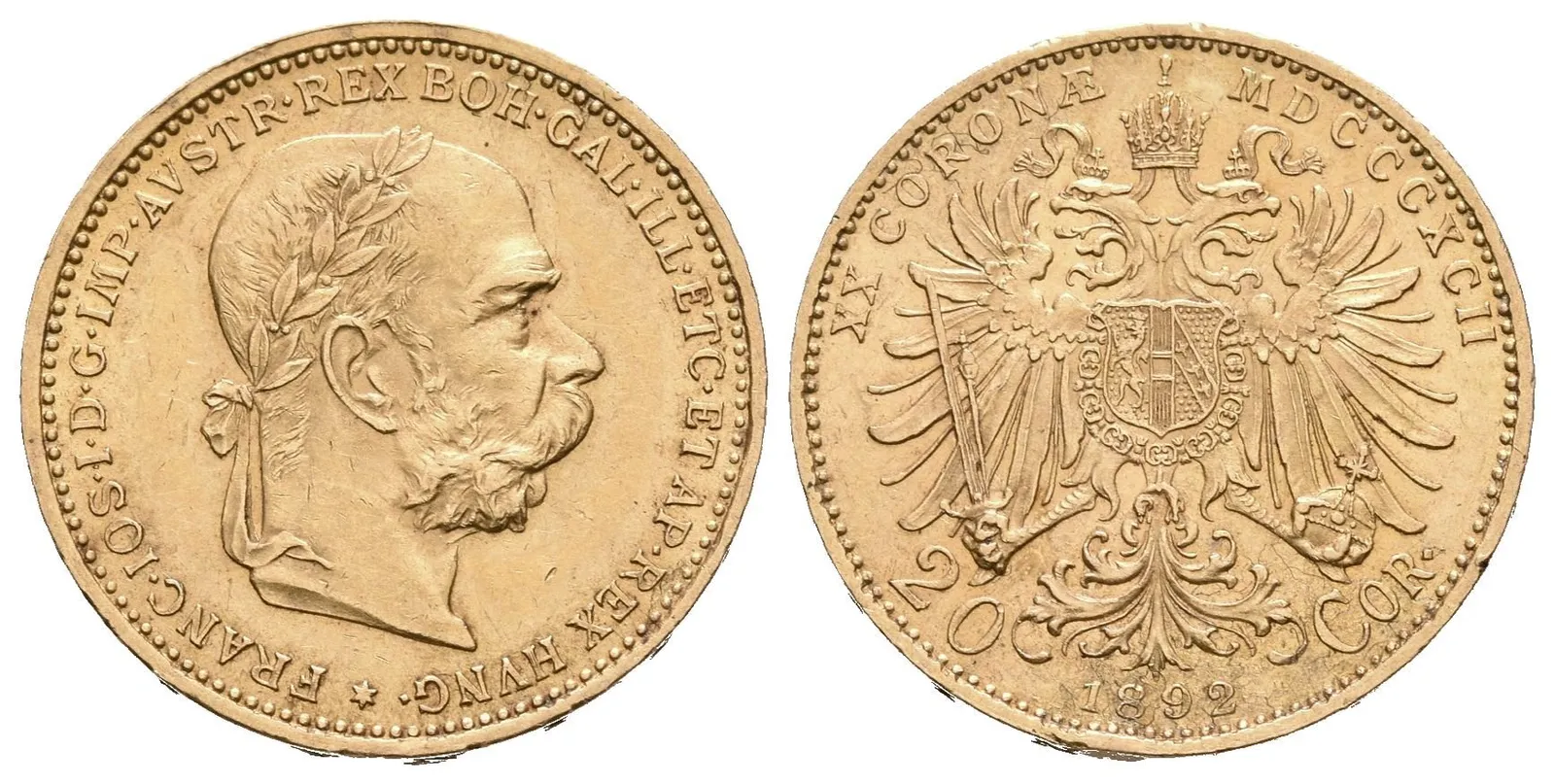 20 Koruna 1892, pěkná zachovalost, patina, drobné rysky a hranky — 1