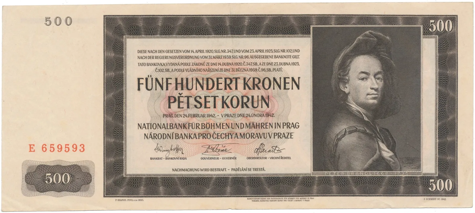 500 Koruna 1942, I. vydání, série E, Hej.35a