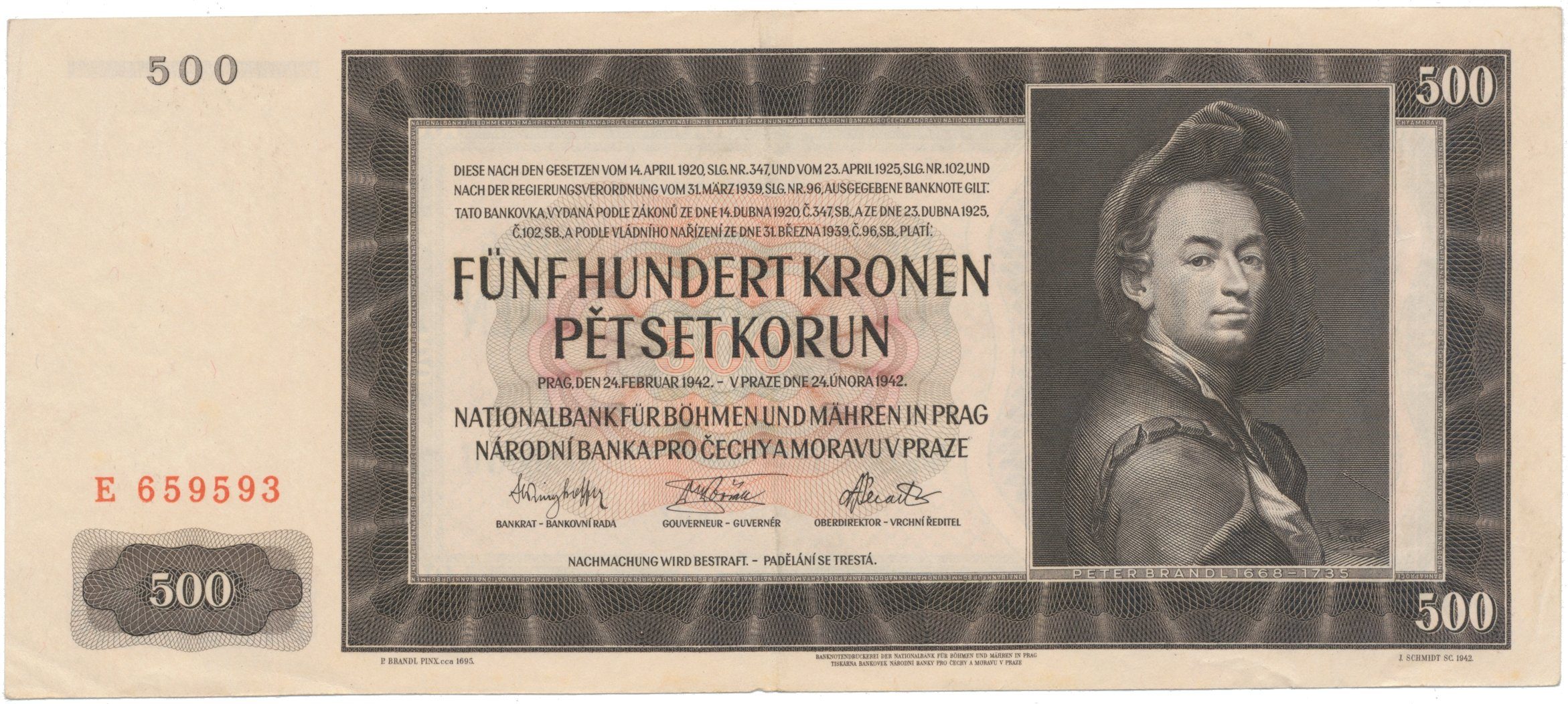 500 Koruna 1942, I. vydání, série E, Hej.35a