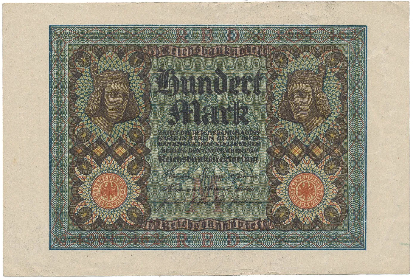 Německo, 100 Mark 1920, 8-místný číslovač, Ro.67b