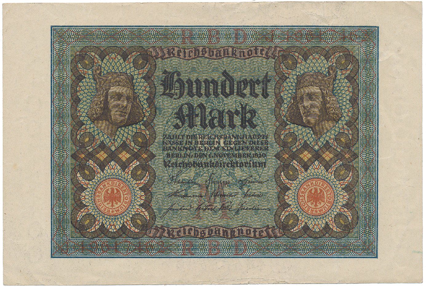 Německo, 100 Mark 1920, 8-místný číslovač, Ro.67b