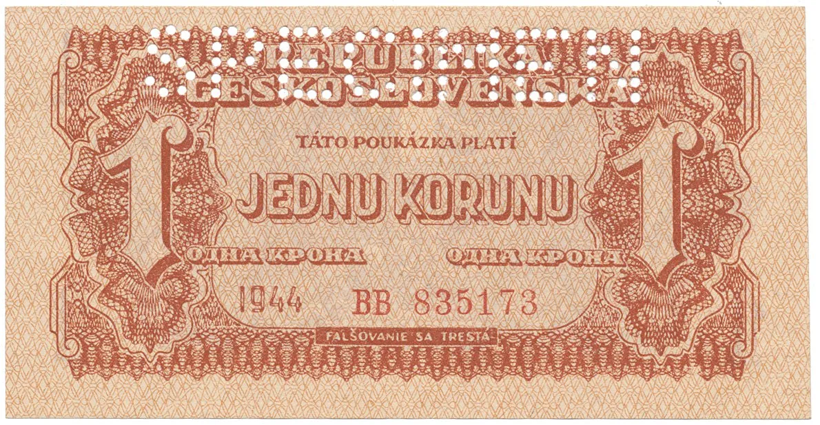 Československo, 1 Koruna 1944, perf. 1x SPECIMEN nahoře, Hej.56a1.S1