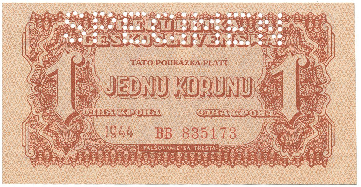 Československo, 1 Koruna 1944, perf. 1x SPECIMEN nahoře, Hej.56a1.S1