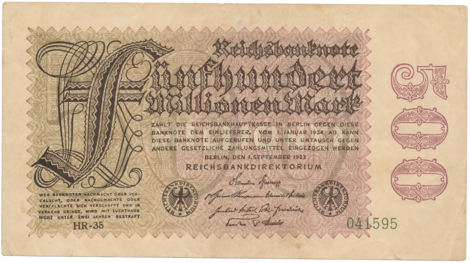 Německo, 500 Millionen Mark 1923, vodoznak Hakensterne, Ro.109d