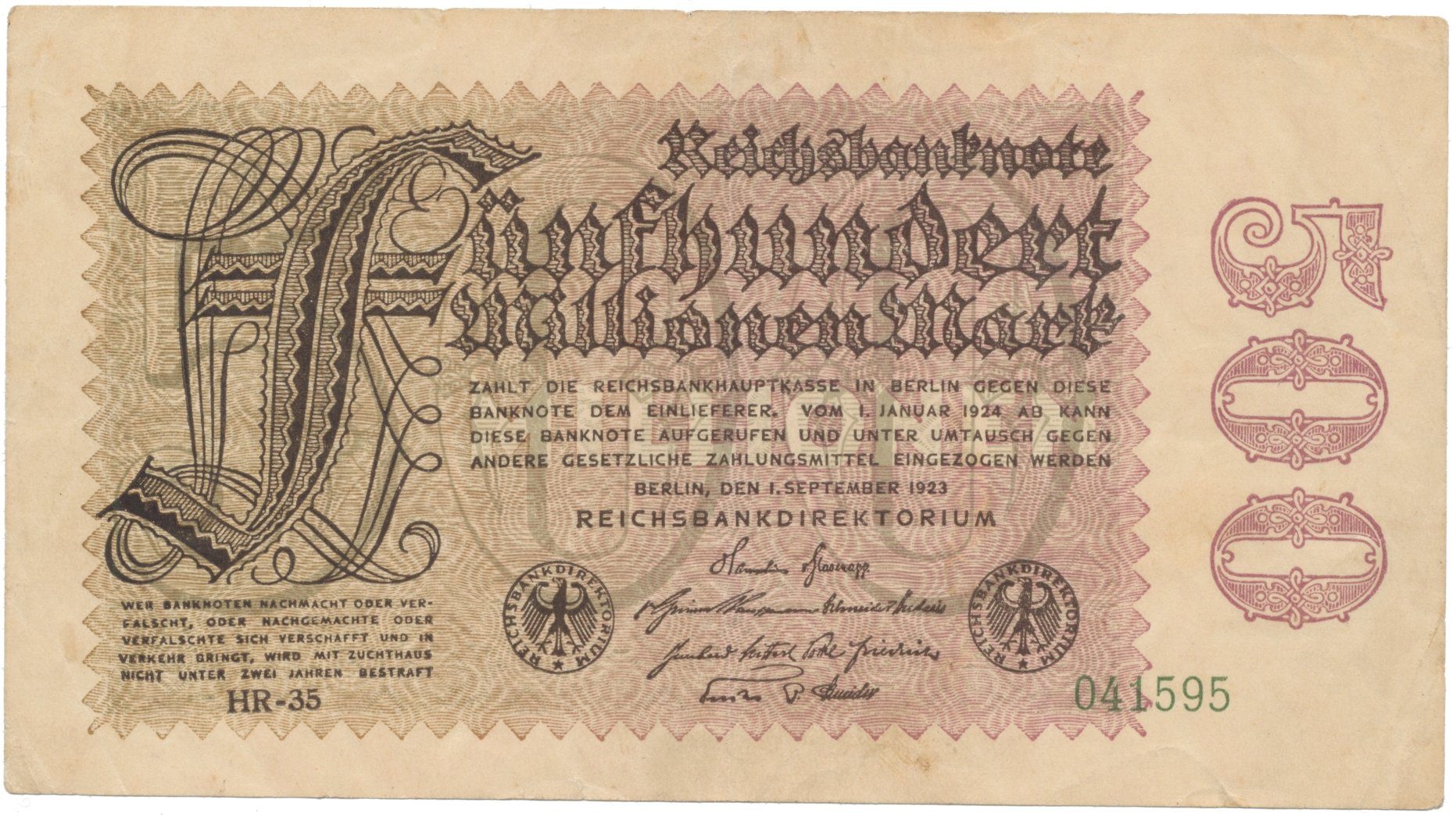 Německo, 500 Millionen Mark 1923, vodoznak Hakensterne, Ro.109d