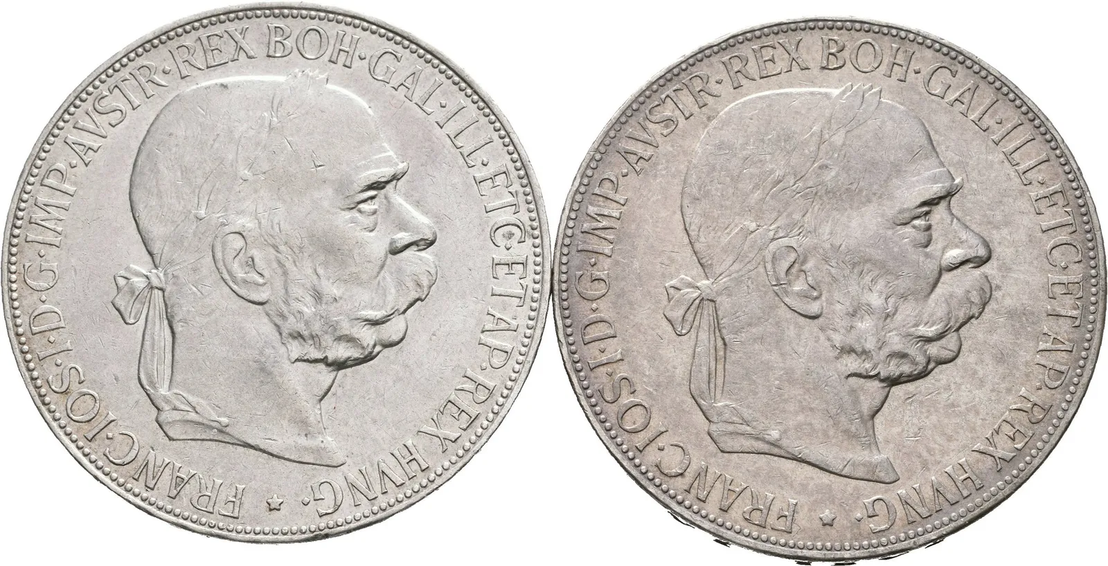 5 Koruna 1900, zbytky lesku, patina, rysky a hranky_2 ks — 1
