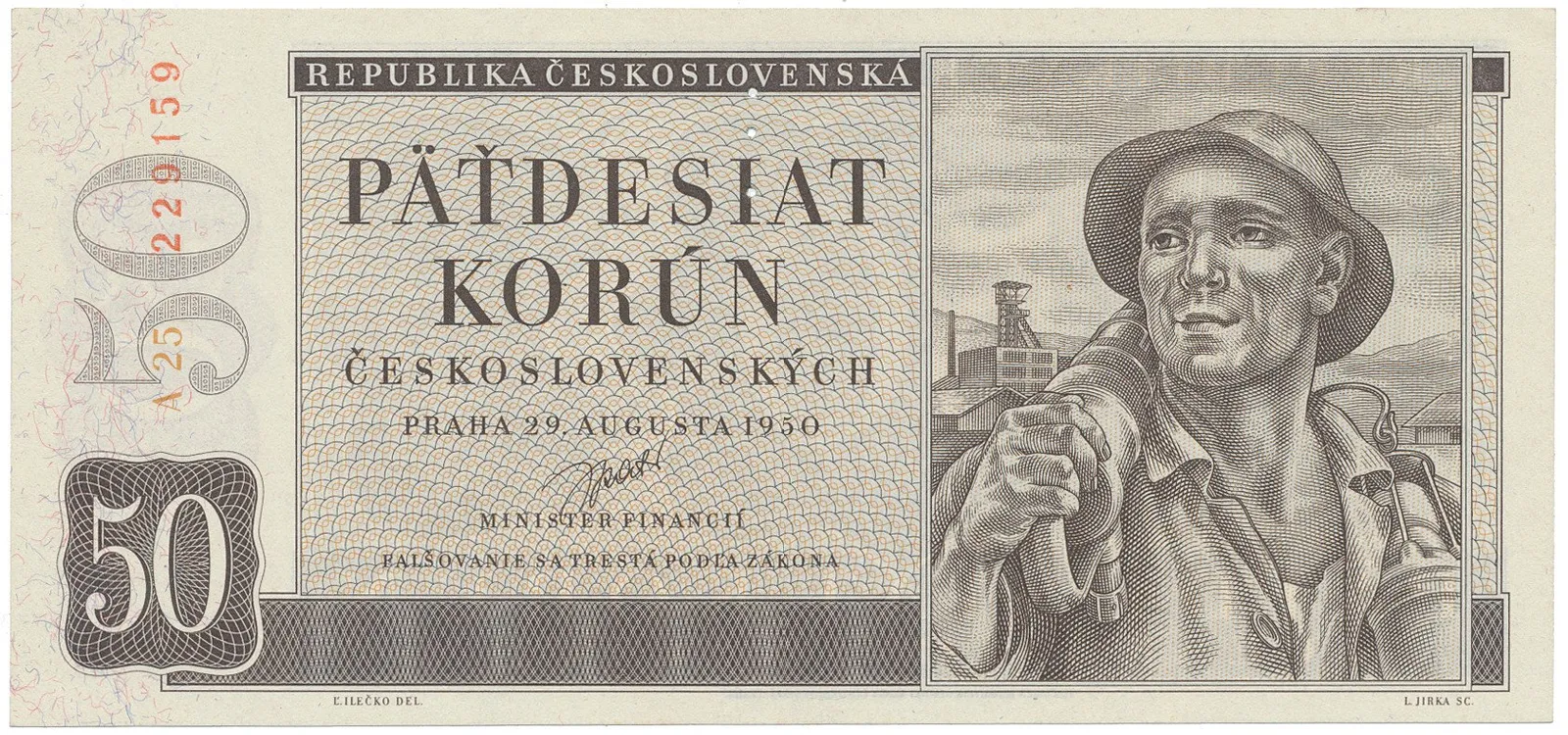 Československo, 50 Koruna 1950, I. vydání, perforace 3 md svisle, Hej.87a.S1