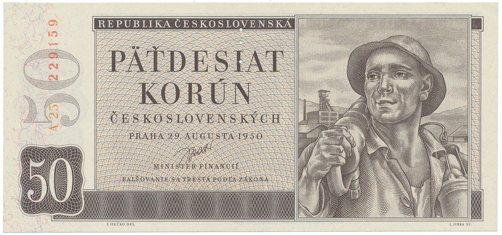 Československo, 50 Koruna 1950, I. vydání, perforace 3 md svisle, Hej.87a.S1