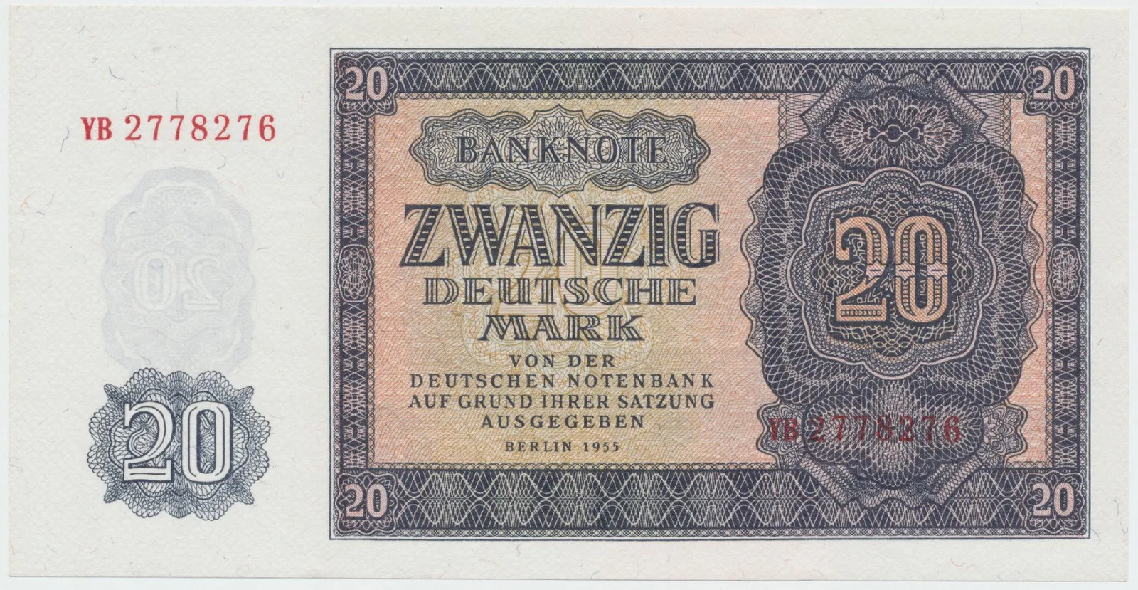Německo - NDR, 20 DM 1955, náhradní série YB, Ros.351b