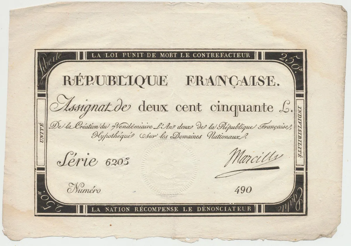 Francie, 250 Livres 1793, P.A75, včetně archového okraje