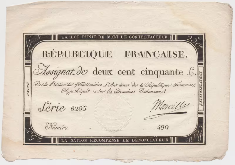 Francie, 250 Livres 1793, P.A75, včetně archového okraje