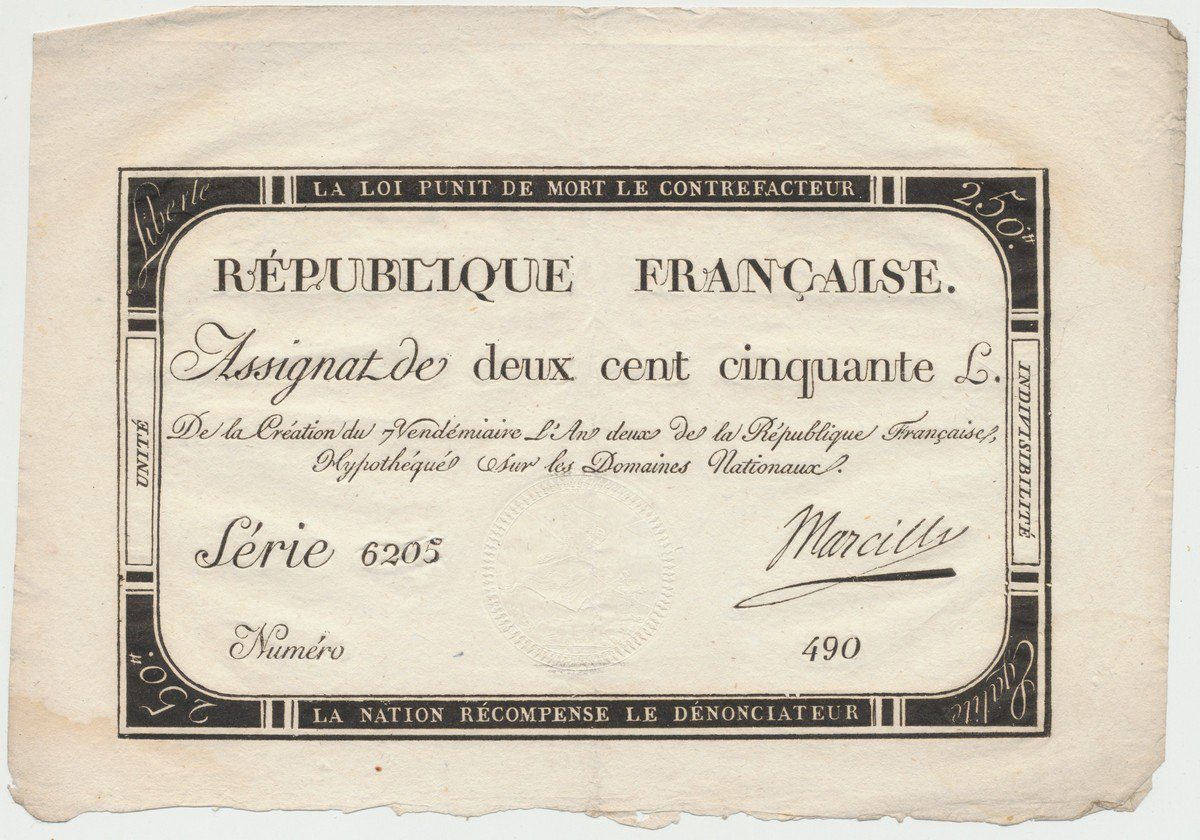 Francie, 250 Livres 1793, P.A75, včetně archového okraje