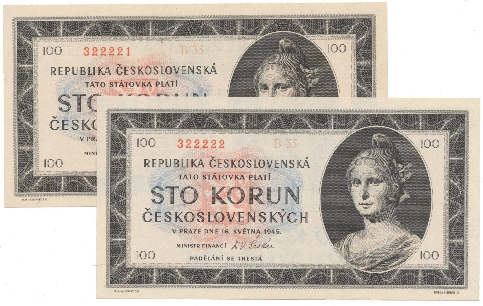 100 Koruna 1945, série B 35, Hej.77a, 2 kusy