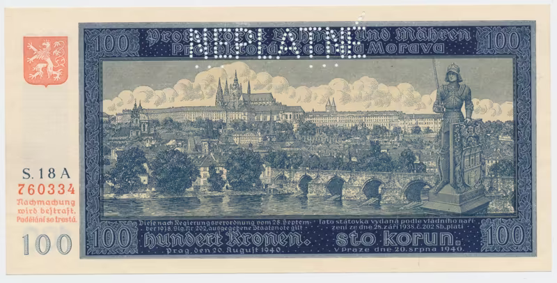 Protektorát Čechy a Morava, 100 Koruna 1940, I. vydání, série B, perf. 1x SPECIMEN, Hej.32aB.S1