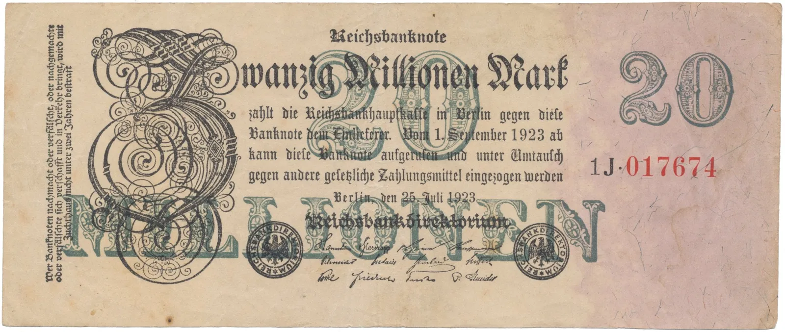 Německo, 20 Millionen Mark 1923, Ro.96c