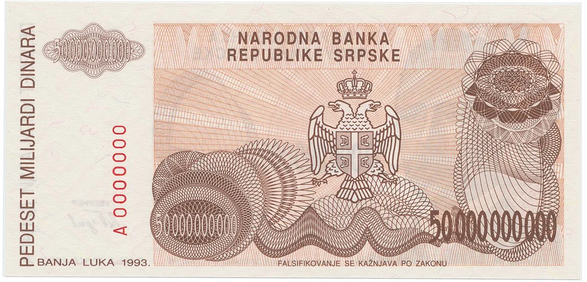 Bosna a Hercegovina, 50 Milijardi Dinara 1993, nevydaná, anulát, A 0000000, P.157