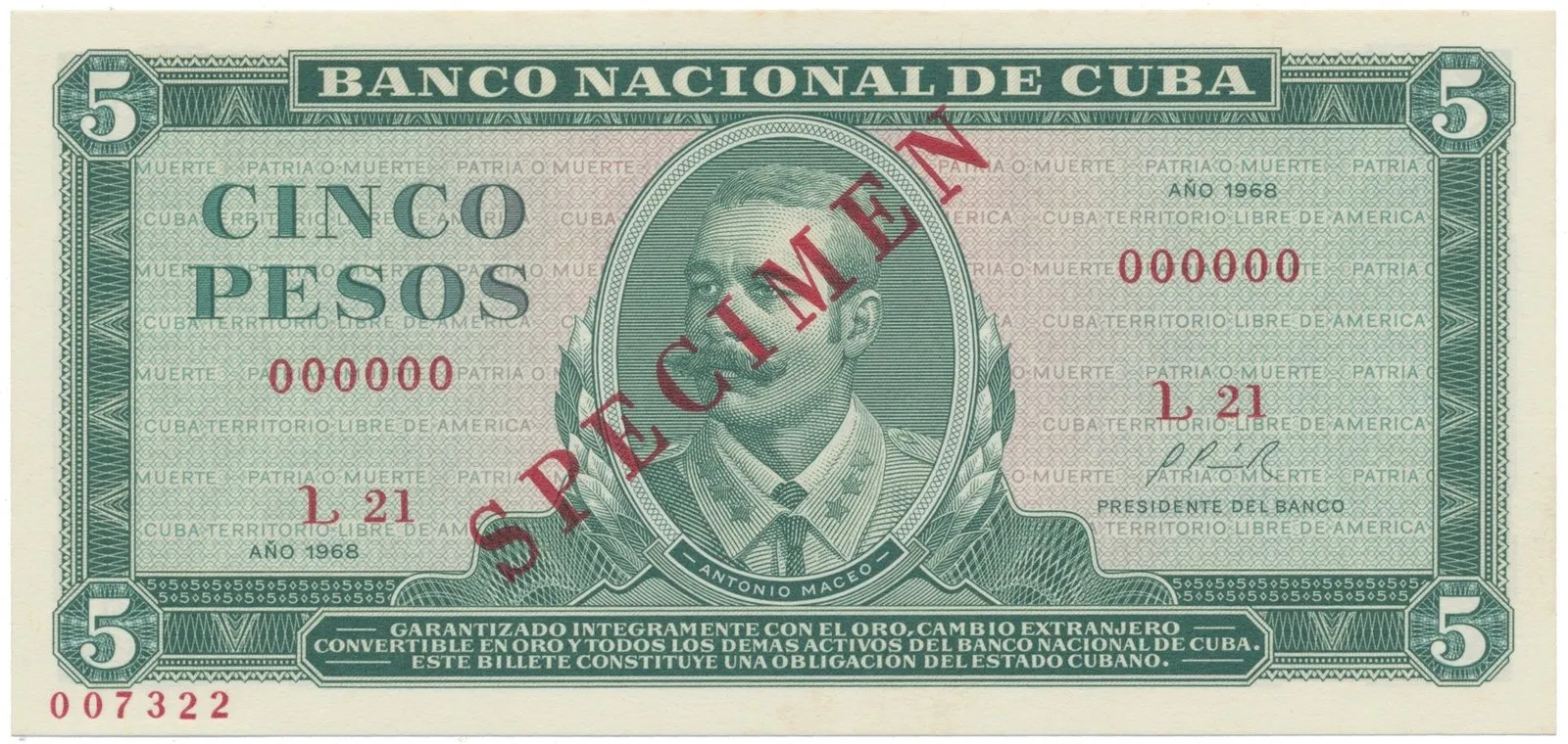 Kuba, 5 Pesos 1968, tisk STC Praha, anulát - SPECIMEN, bankovní vzor, P.103as